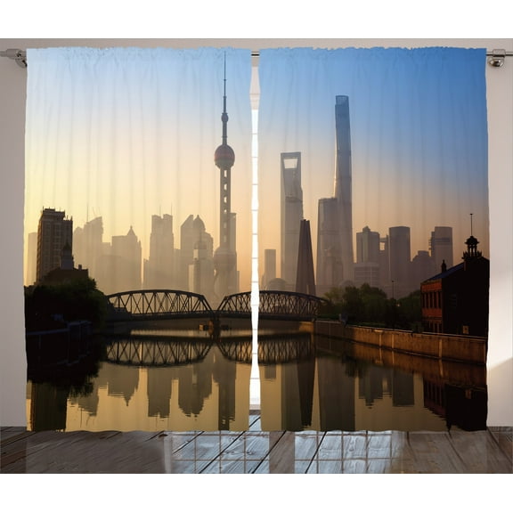 Ambesonne Scenery Curtains 2 Panel Set, Shanghai Morning View, 108" x 84", Blue Brown