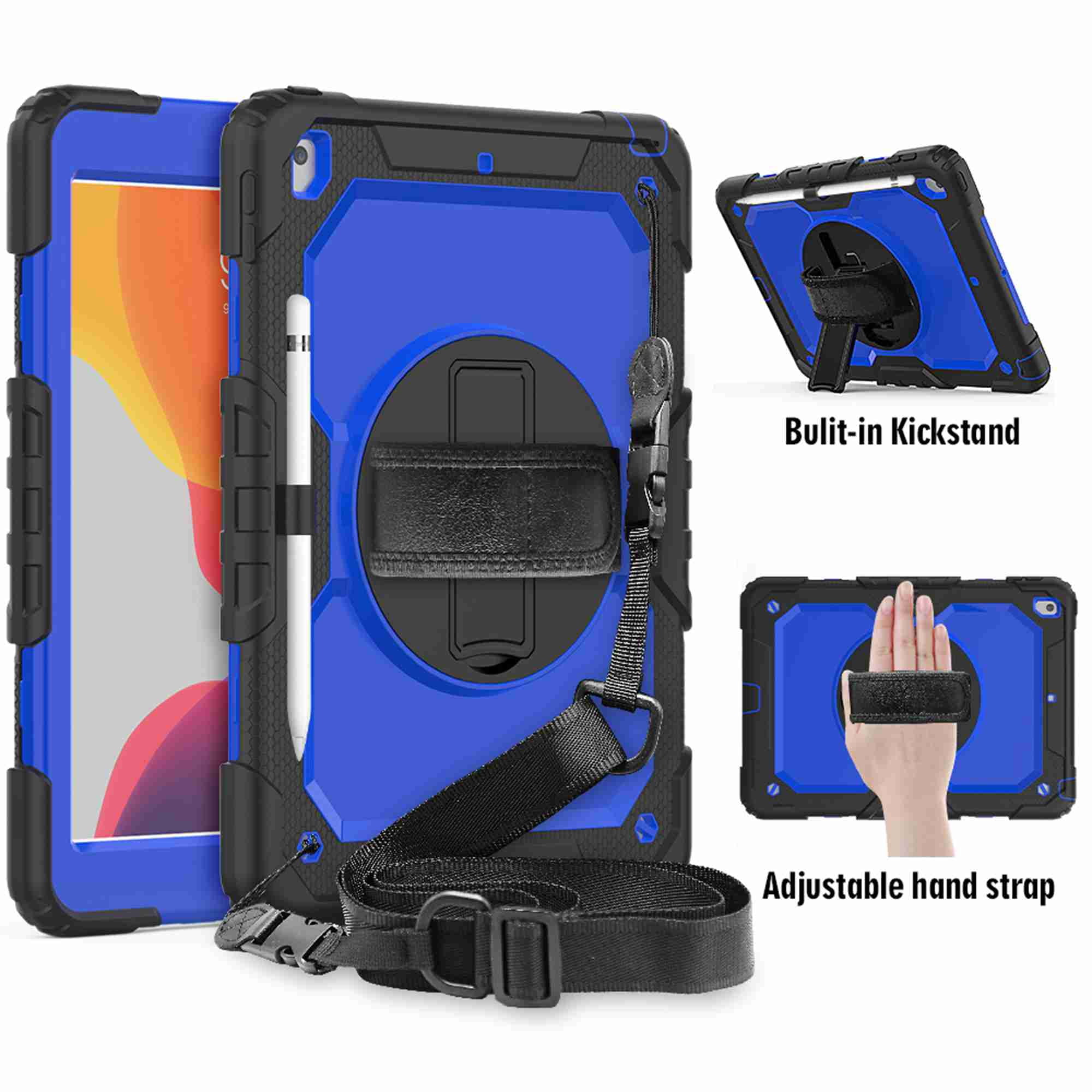 Dteck iPad 9th/ 8th/ 7th Generation Case (iPad 10.2 Case 2021/ 2020/ 2019) with Screen Protector Pencil Holder Kickstand Hand/ Shoulder Strap,Durable Protective Case for iPad 10.2 inch,black+blue