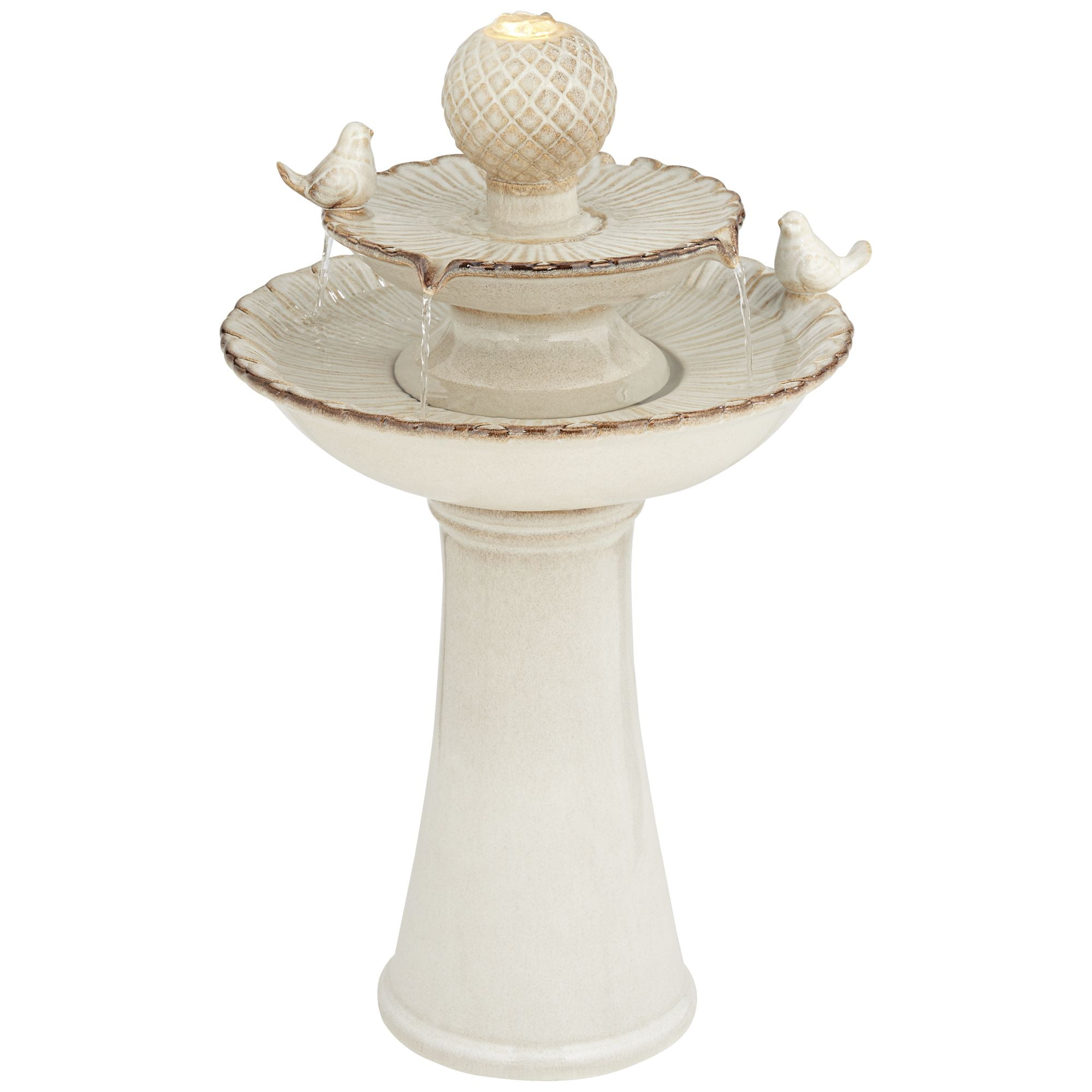 Bathing Bird 26 3/4" High Large Italian Outdoor Decor Cream Ceramic Floor Fountain with Light LED 2-Tier