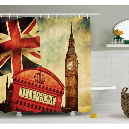 London Decor Shower Curtain Set, Famous Telephone Booth And The Big Ben In England Street View Symbols Of Town Retro Print, Bathroom Accessories, 69W X 70L Inches, By (Best Street View App)