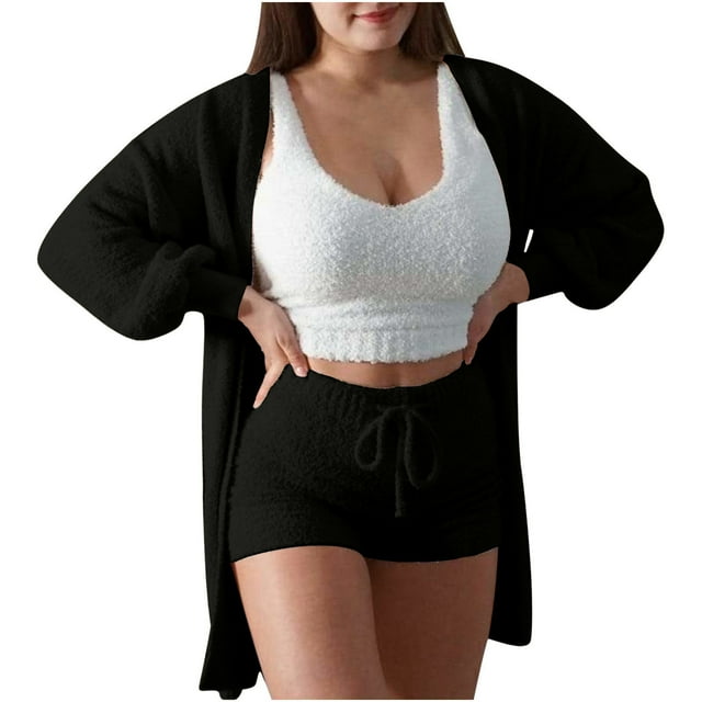 FAIWAD Ensemble 3 Pcs pour Femme Cardigan Court en Molleton Doux et Short Pyjama d'Hiver Ensemble de Détente Chaud