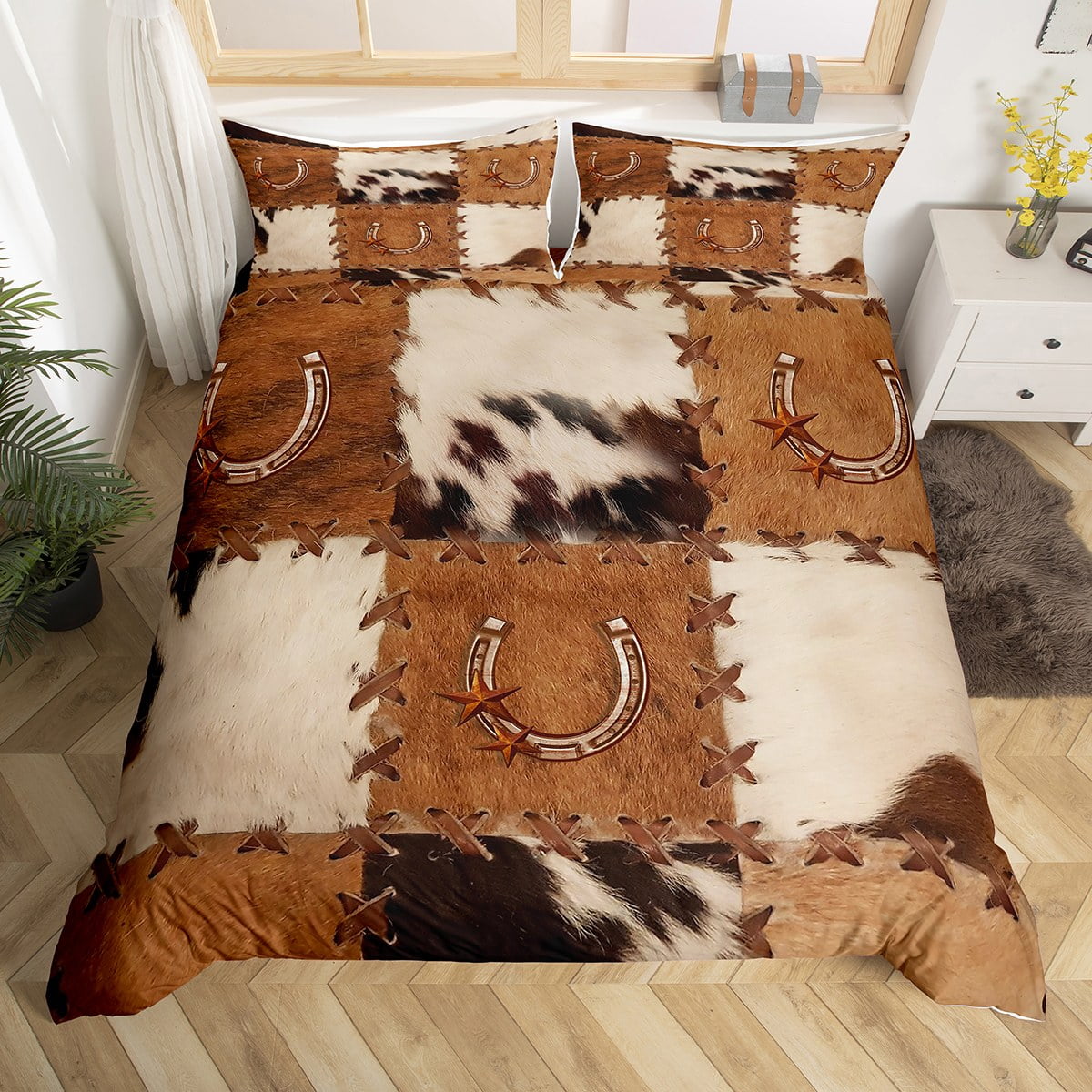 Western Cowhide Bedding Sets Gold Texas Star Horseshoe Duvet Cover