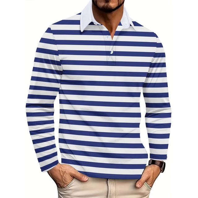 Blusa y camisa de manga larga con cuello vuelto para hombre, moda informal, botones, cuello vuelto, camisa de manga larga a rayas, abrigo de poliéster para hombre