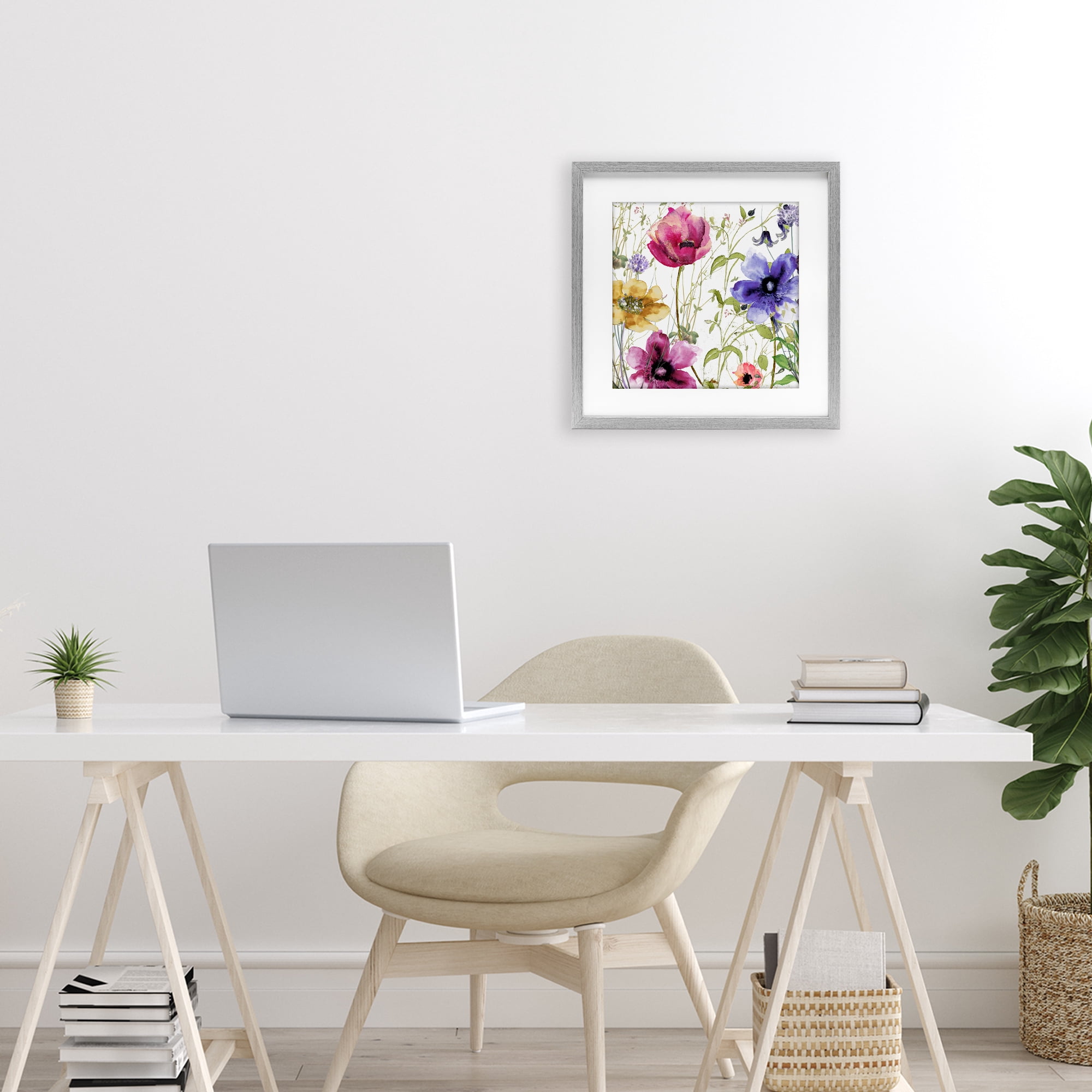 Botanical Spring Garden Blooms Gray Framed Print Under Glass, design by Sasha