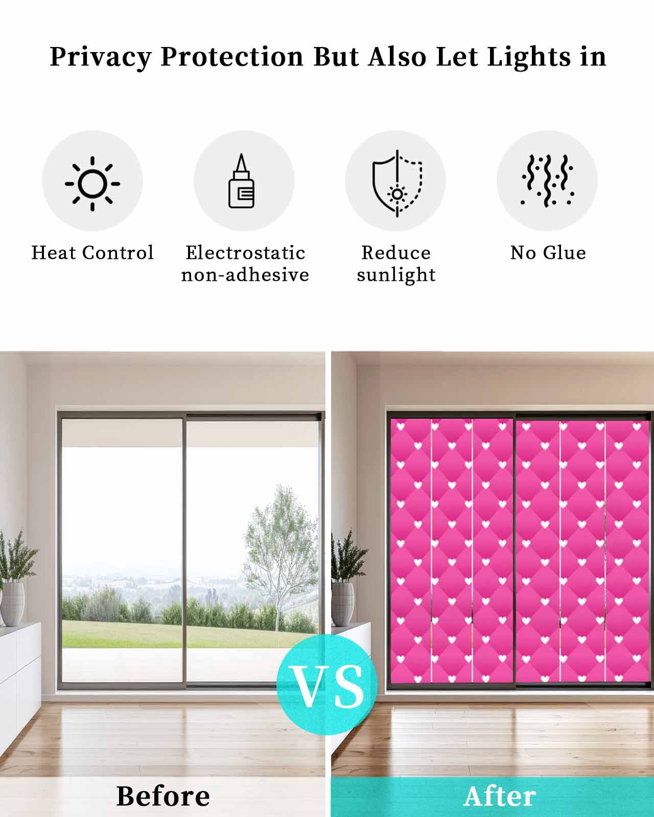 Window Privacy Film Pink Stained Glass Window Film Decorative Sun Block Window Cover Modern Romantic Love Heart Plaid Striped Art Window Clings Static Adhesive Sticker for Bathroom 35.4"x78.7"