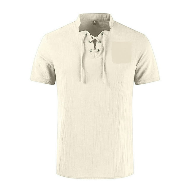 Leutsin Men's Drawstring Solid Color Cotton And Linen Short Sleeve T-shirt Tops