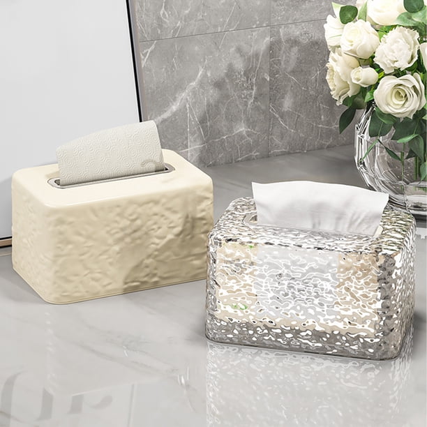 Organizador para caja de pañuelos | Diseño acrílico plástico blanco transparente | Soporte para pañuelos faciales con ranura para teléfono móvil para baño, cocina, dormitorio y encimera