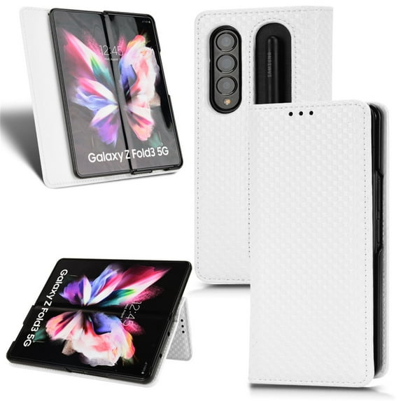 Luxury PU Leather Wallet For Galaxy Z Fold 3, Folio Premium Leather Phone Case with Kickstand Card Holder Magnetic Flip Shockproof Protective Cover for For Samsung Galaxy Z Fold 3, White