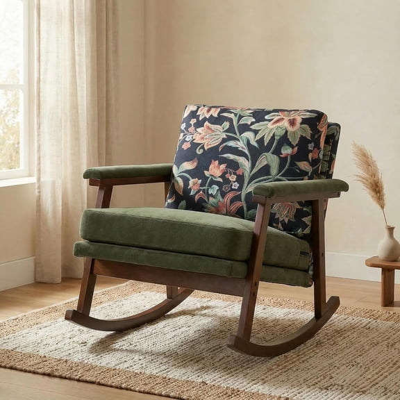 LJAN Rocking Chair , Living Room & Bedroom, Upholstered Accent Chair with Solid Rubberwood Frame, Cozy Reading Chair for Small Spaces