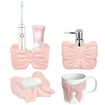 4 Pcs Pink Bathroom Accessories Set, Includes Ceramic Soap Dispenser, Toothbrush Holder, Soap Dish, and Cup with Bowknot, Bathroom Countertop Accessories