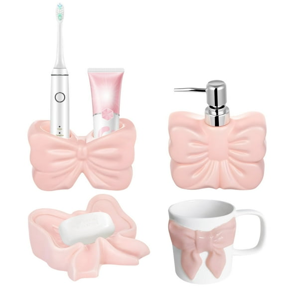 4 Pcs Pink Bathroom Accessories Set, Includes Ceramic Soap Dispenser, Toothbrush Holder, Soap Dish, and Cup with Bowknot, Bathroom Countertop Accessories