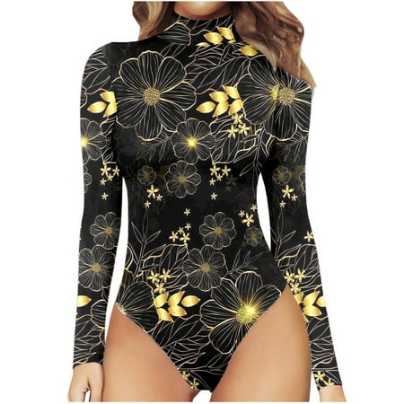 

Women s Sexy Turtleneck Bodysuit Rompers Valentines Day Gifts Fashion Butterfly Print Long Sleeve Leotard Jumpsuits Black