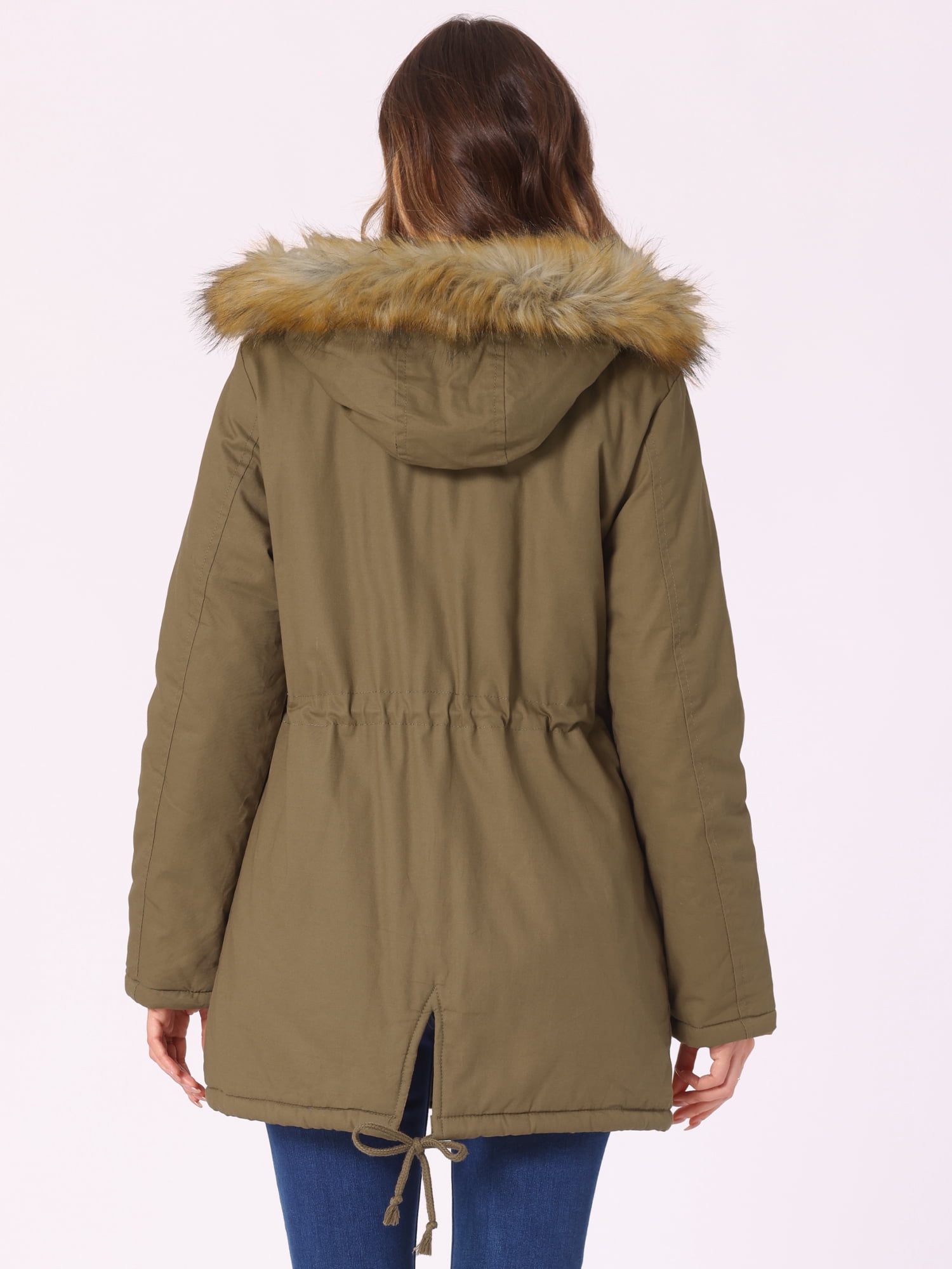 Unique Bargains Women Windproof Winter Parka Puffer Coat with Faux Fur Hood 2XL Khaki