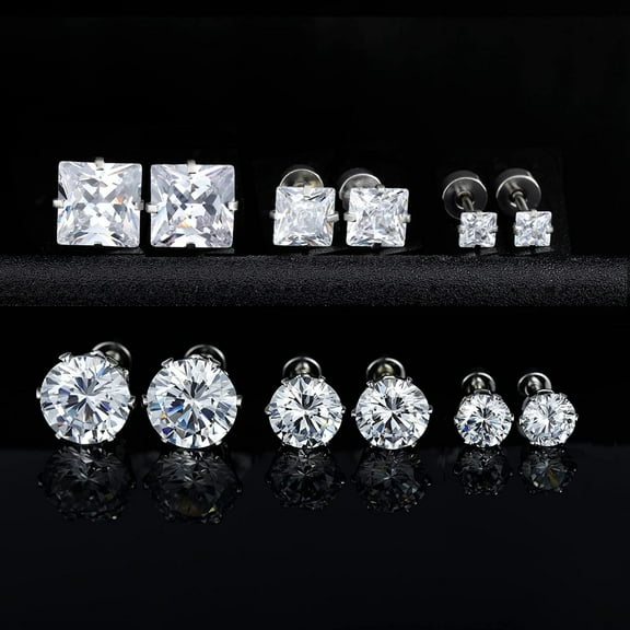 Titanium Flat Back Earrings -6 Pairs of Surgical Stainless Steel Round Square Princess Cut CZ Screw Back Stud For Women Men Fashion Jewelry
