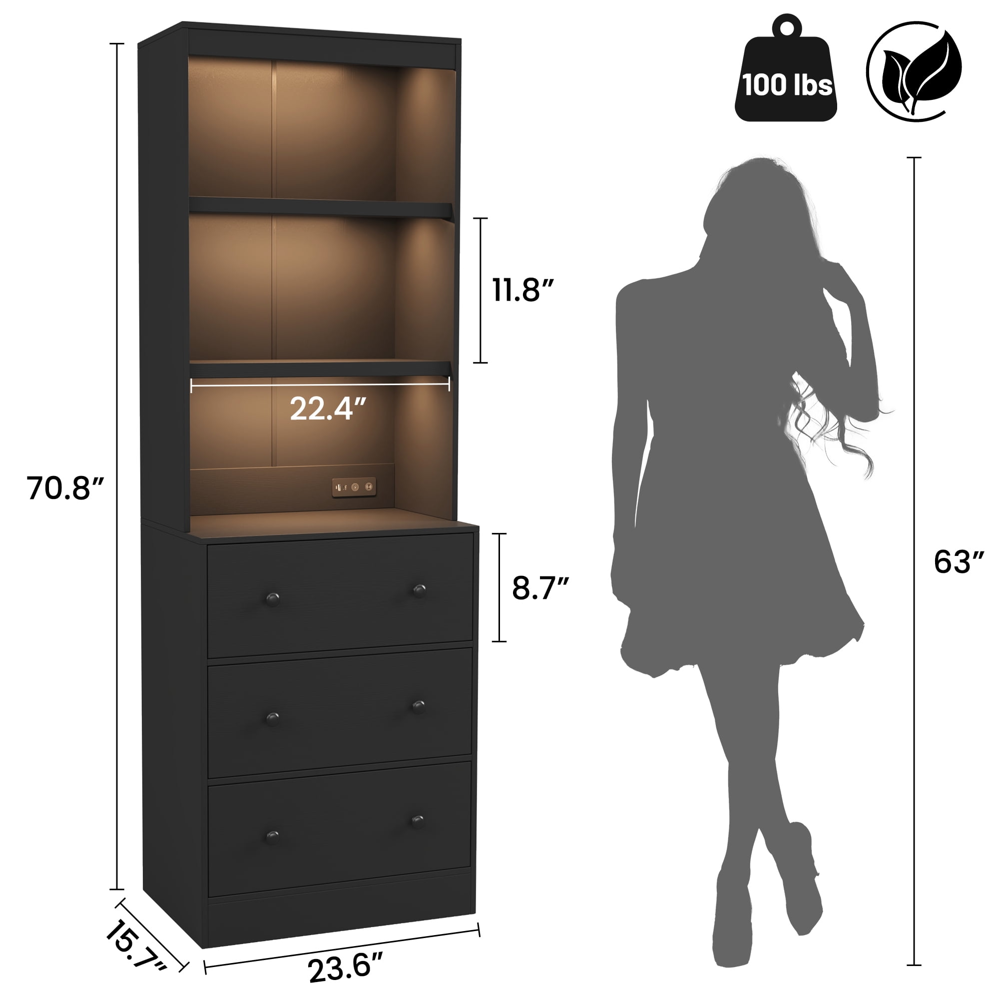 IDEALSOUL 2PCS 71" Tall Bookcase with Drawers, Black Wooden Bookcase with Charging Station & LED Lights, Freestanding Display Cabinet with Shelves for Living Room, Office, Bedroom
