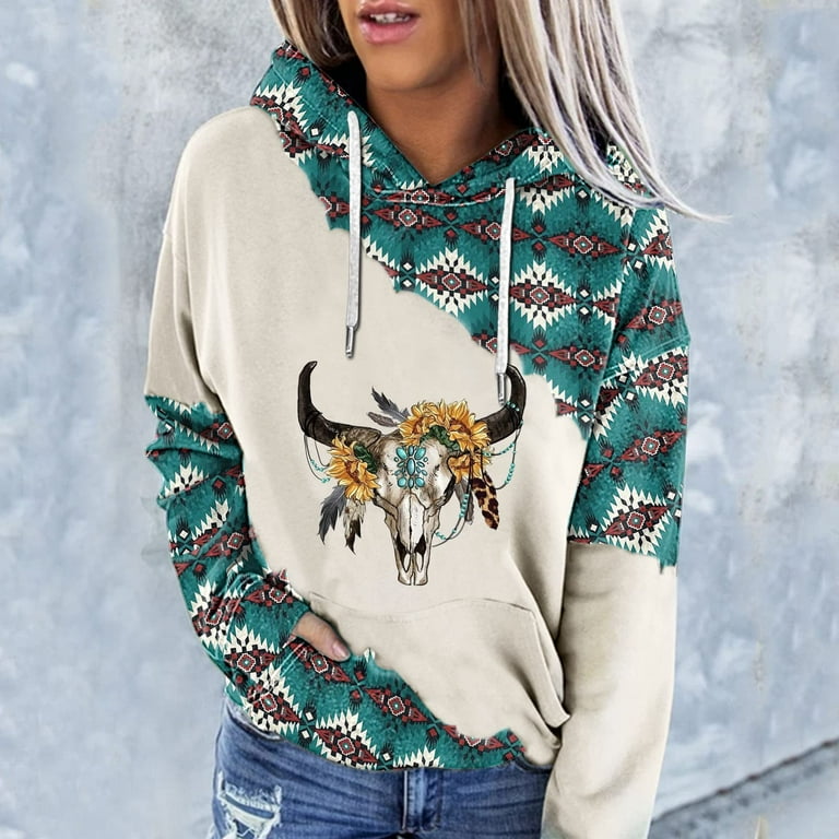 Women Aztec Hoodie Tops Womens Geometric Horse Print Pullover Cowgirl Western Ethnic Style Printed Hooded Sweatshirt Walmart