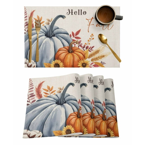 Hello Fall Placemats Set of 8 Blue Pumpkin Sunflower Maple Leaf Vintage Linen Heat Insulation Washable Place Mats, Rustic Non-Slip Table Mats for Dining Table Party Kitchen Decor,13x19 Inch