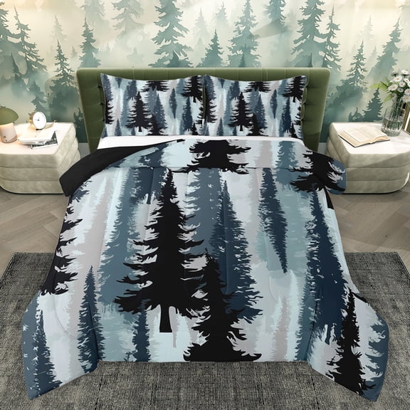 Homewish Blue Pine Tree Bedding Comforter Set, Vintage Western Countryside Twin Comforter Sets, Teens Adult Men Reversible Bedding Set, Luxury Bedroom Decor, 2 Pieces