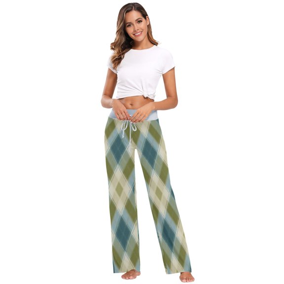 Comfy Casual Women's Pajama Pants Print Wide Leg Green&beige Tartan Pattern
