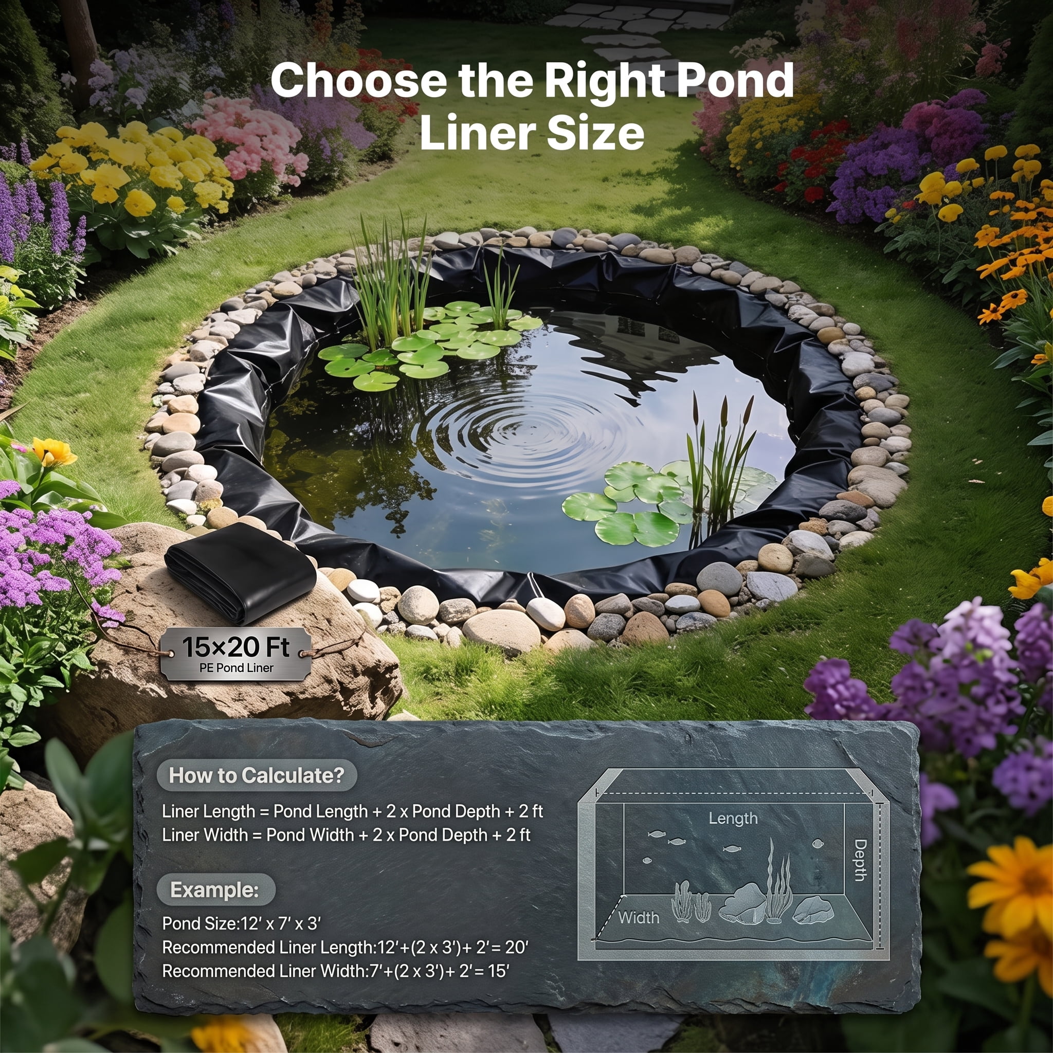15 x 20 ft Pond Liner, 14 Mil Thickness, 3-Layer Reinforced PE Fish Koi Pond Liner for Outdoor Ponds, with Hemmed Edge and 4 Metal Buttonholes, for Water Garden, Waterfall, and Fountains, Black