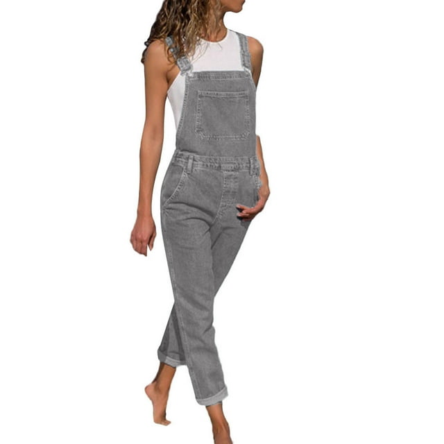 Pantalones de denim con peto de moda para mujer - Poliéster, corte ajustado informal, monos largos - S-XXXL