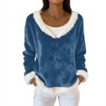 thumbnail image 2 of Women's Fashion Plush V Neck Pullover Top Long Sleeve Tee Printed Sweatshirt Flannel Shirt for Women Soft Comfort Casual Wear,Blue,M, 2 of 7