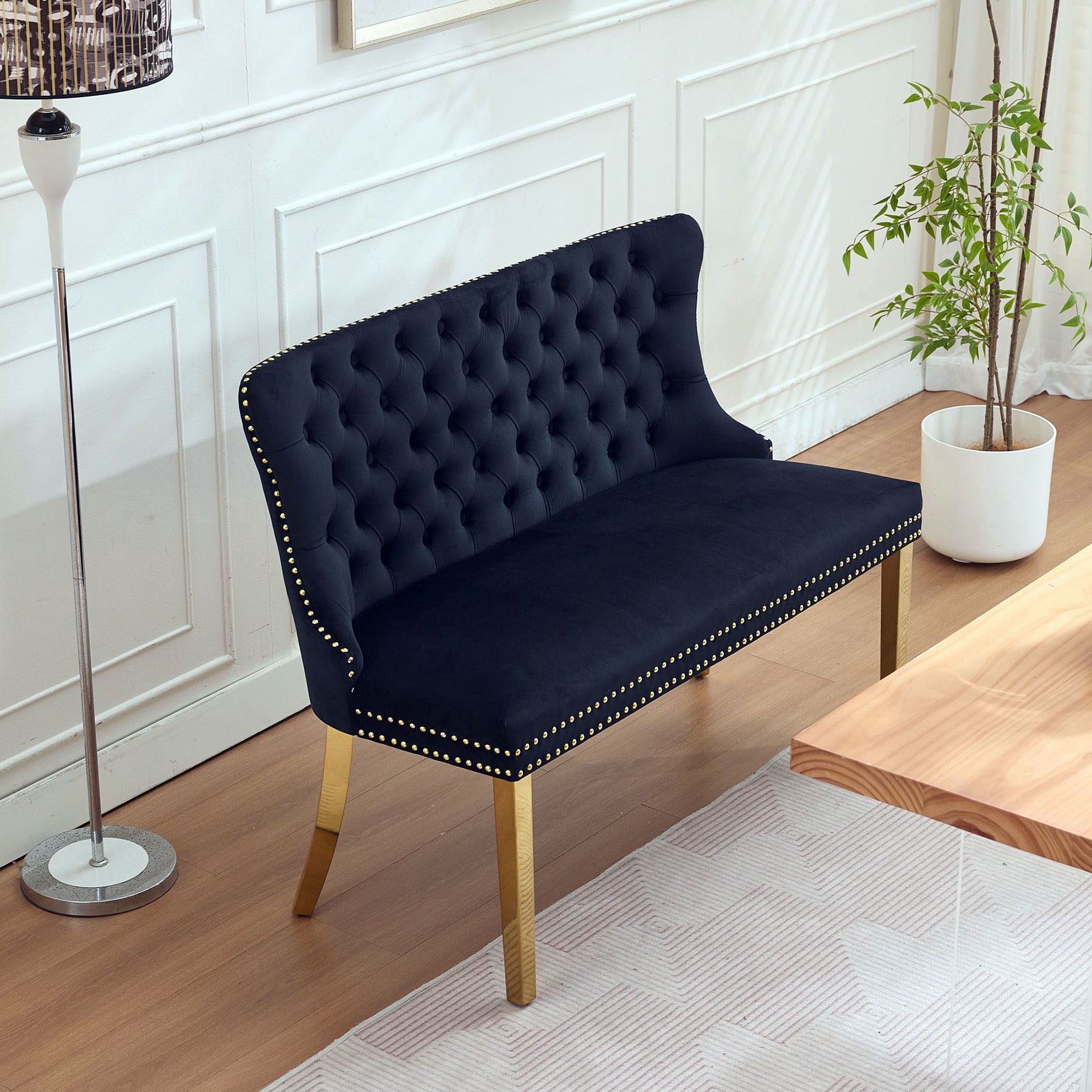 S-HOME Stylish Velvet Double Seat Loveseat Bench Featuring Handmade Buttons and Gold-Plated Steel Legs for Dining Areas, Black