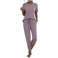 thumbnail image 2 of OKBOP Womens Tops Plus Size Short Sleeve Purple Crew Neck Solid Outfit Set Ladies Shirts Clearance $5, 2 of 4
