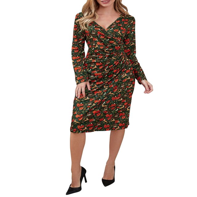 PENGXIANG Cartoon Print Robe pour les Femmes avec Manches Longues et Col en V Parfait pour Noël