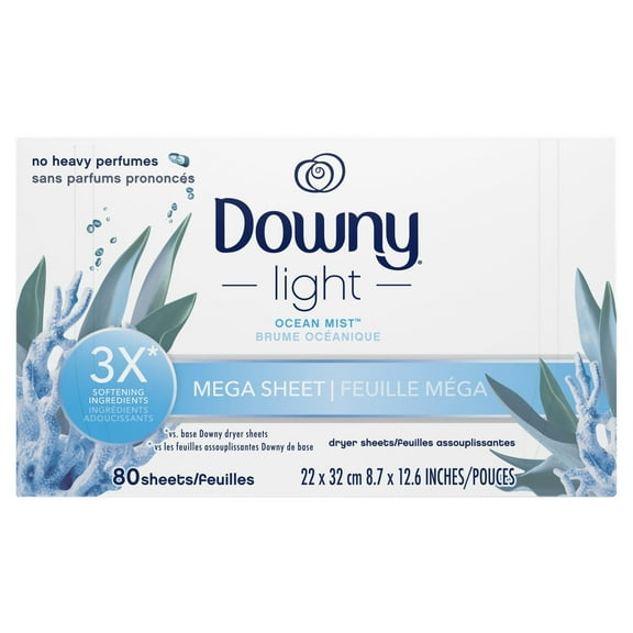 Downy Light Mega Dryer Sheets, Ocean Mist, 80 Count (2 Pack)