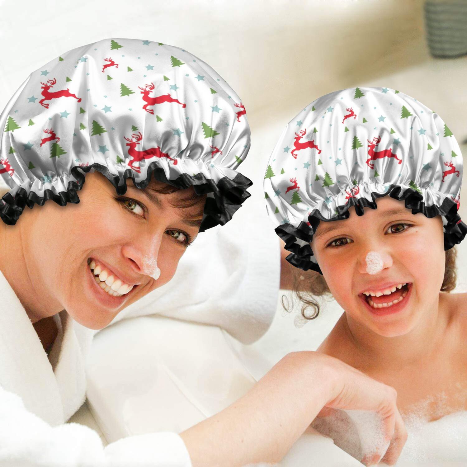 Shower Caps,White Christmas Reindeer and Tree Pattern Waterproof Shower Cap for Women 4 Pieces,Double Reusable Hair Cover for Shower PEVA Elastic Stretch Hem