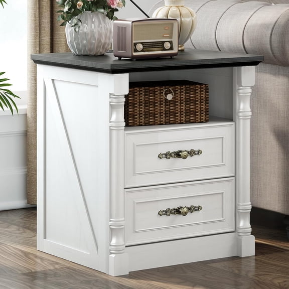 Farmhouse Nightstand with Charging Station, 2 Drawers, 22" Wood Vintage End Table, Rustic Bedside Table for Bedroom, Antique White