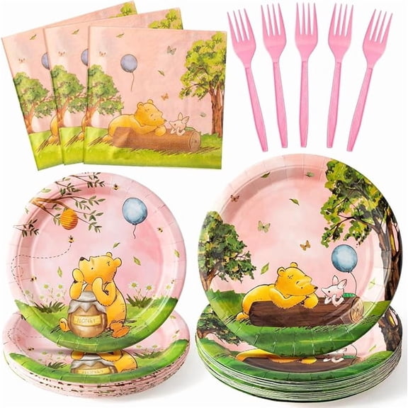 96 Piece Pink Winnie Themed Party Tableware Set Plates Napkins and Forks Serves 24