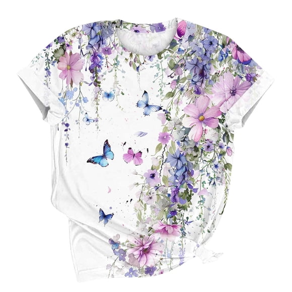 Women Casual Tops Fashionable Women's Casual Pullover Printed Short Sleeved Round Neck Multicolor D M