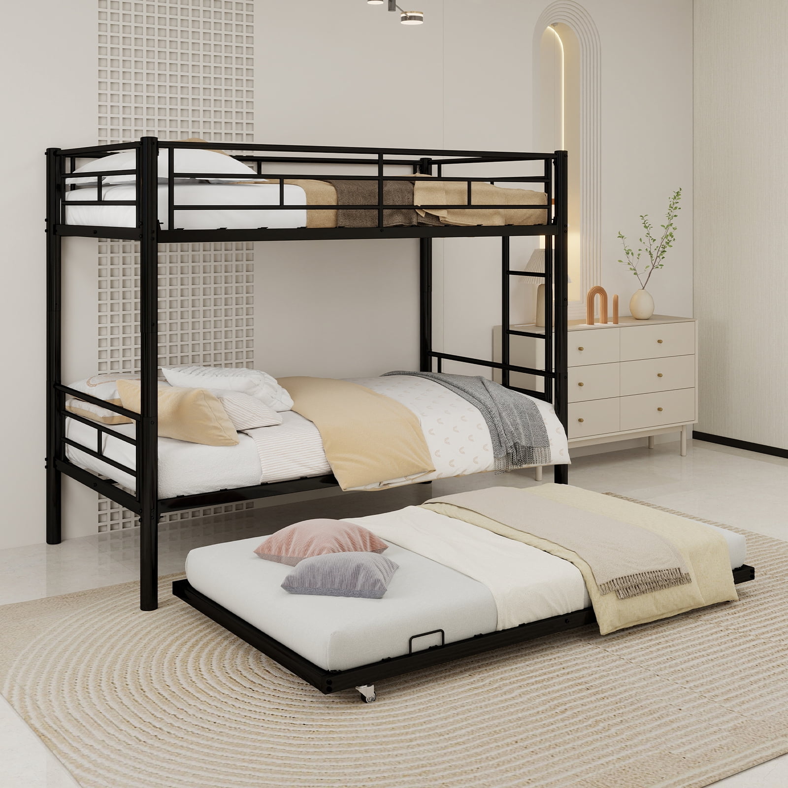 Alvantor Twin Bunk Bed with Trundle for Kids and Teens, Heavy Duty Metal Bed Frame, Triple Bunk Bed with Safety Rail Side Black