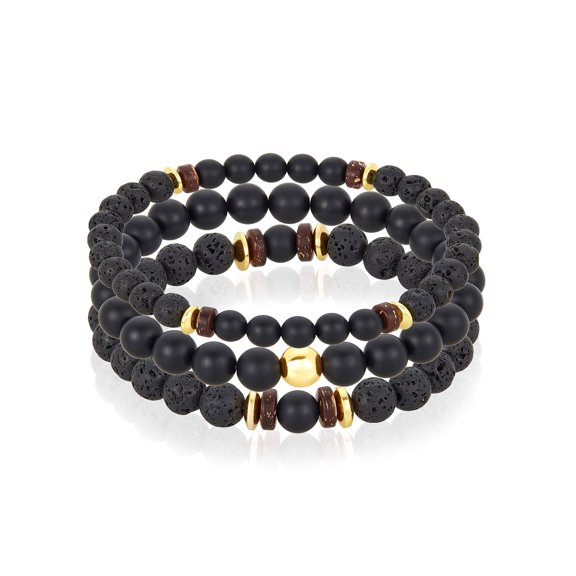 Coastal Jewelry Men's Matte Agate Stone with Gold Plated Hematite, Lava and Wood Beaded Stretch Bracelet Set of 3