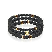 Coastal Jewelry Men's Matte Agate Stone with Gold Plated Hematite, Lava and Wood Beaded Stretch Bracelet Set of 3
