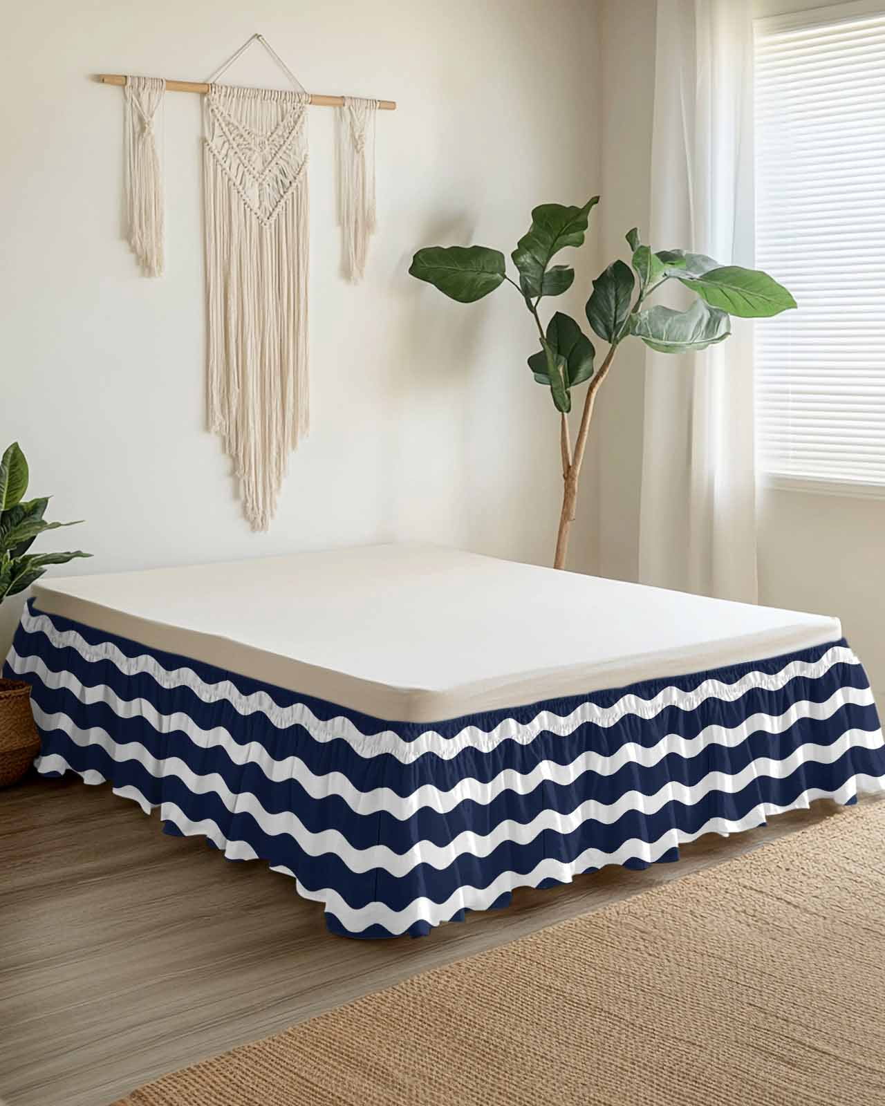 Navy Blue Bed Skirt King Size 16&nbsp;Inch Drop, Wavy Stripes Wrap Around Dust Ruffle Bedskirts, Wrinkle & Fade Resistant Easy Fit Bedskirt with Adjustable Elastic