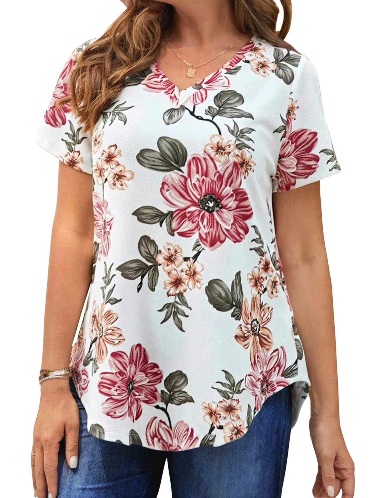 MOSHU Plus Size T-shirts for Women V Neck Summer Tunic Tops Floral Print Curved Hem Women Shirts