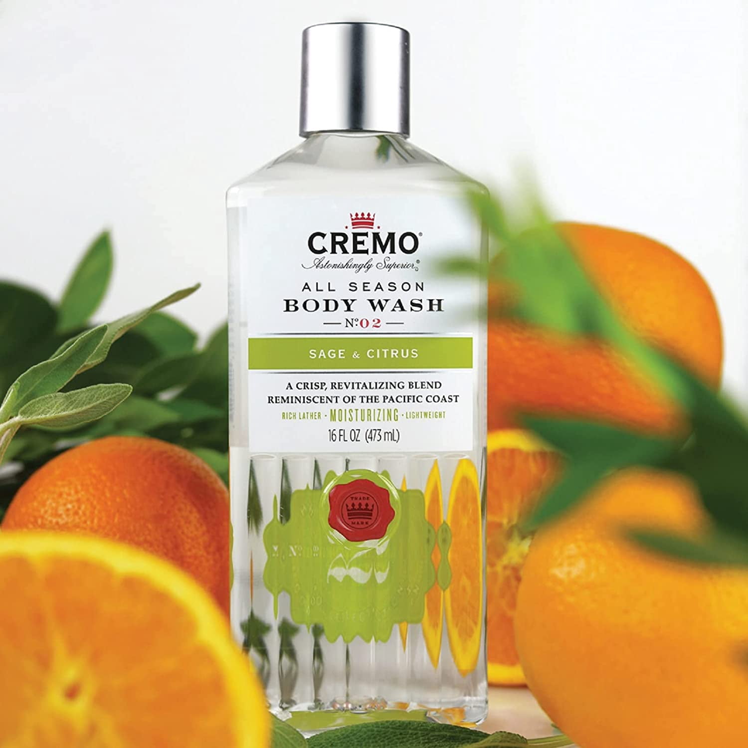 Cremo Rich-Lathering Sage & Citrus Body Wash, A Revitalizing Combination of Bright Mandarin, Dry Herbs and White Cedar, 16 Oz (2-Pack)