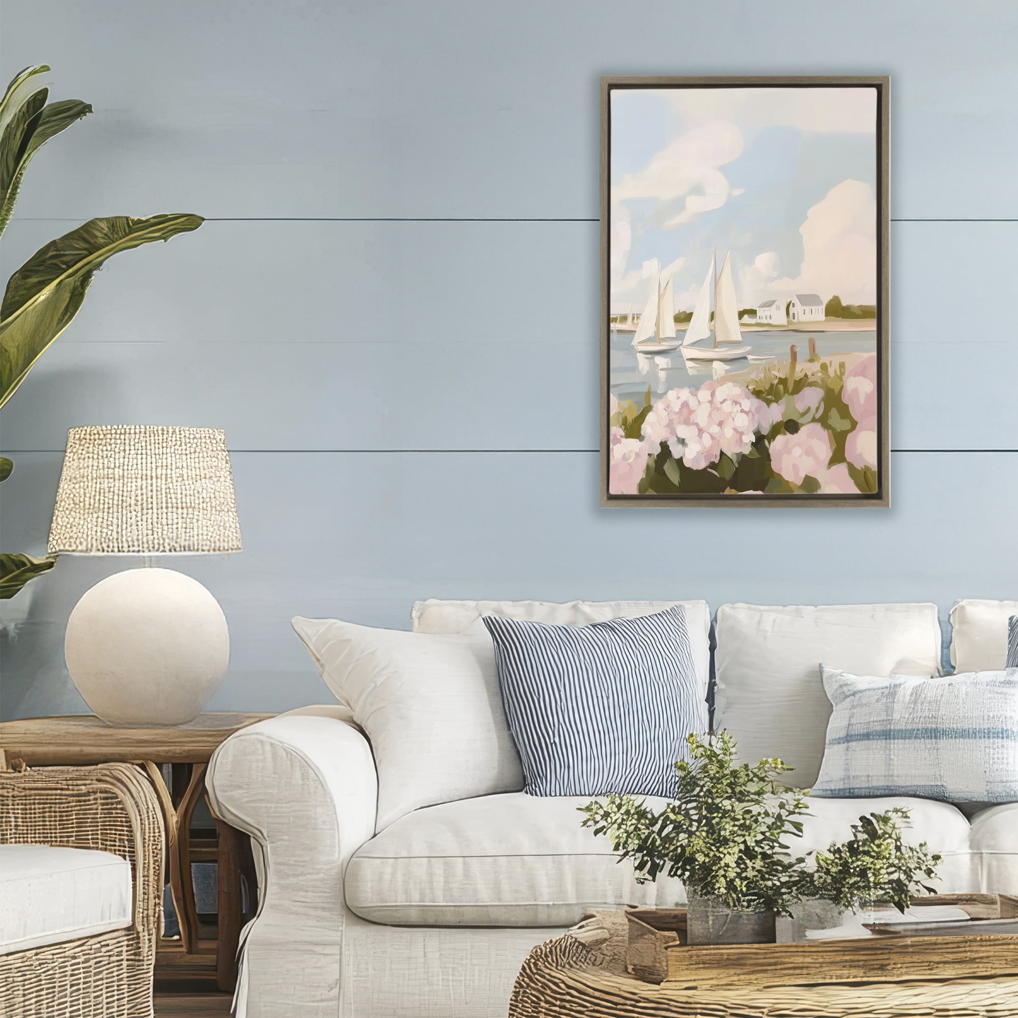 Stupell Industries Pink Hydrangeas with Sailboats Brown Framed Floater Canvas Wall Art, design by Sisi and Seb