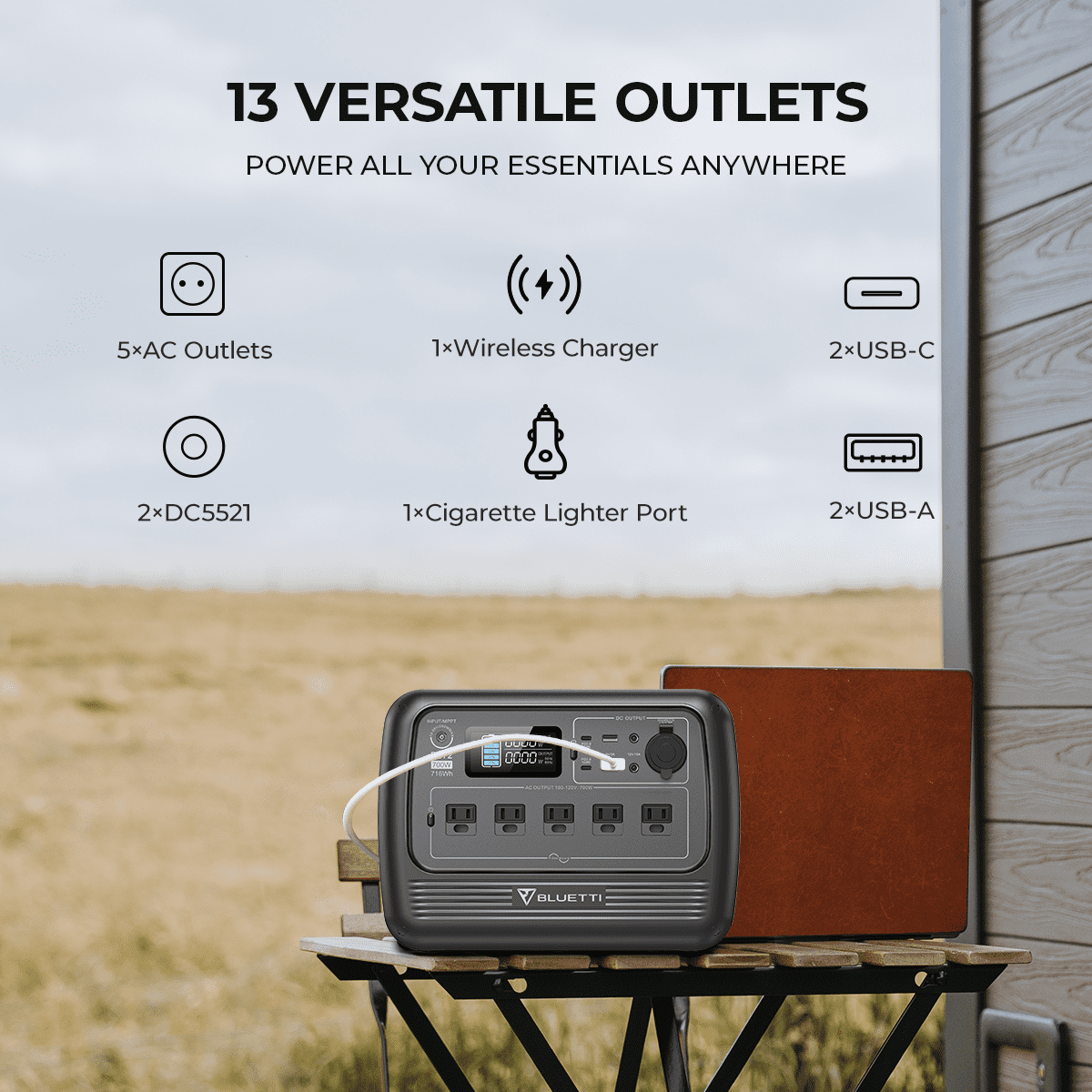 BLUETTI PS72 700W Portable Power Station, 716Wh LiFePO4 Solar Generator for Windstorm & Off-Grid Living