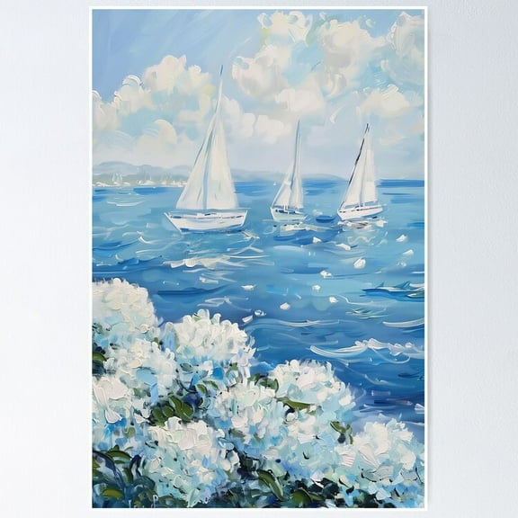 Coastal Blue and White Hydrangea Ocean Poster - KIRA.805, UNFRAMED-8x12