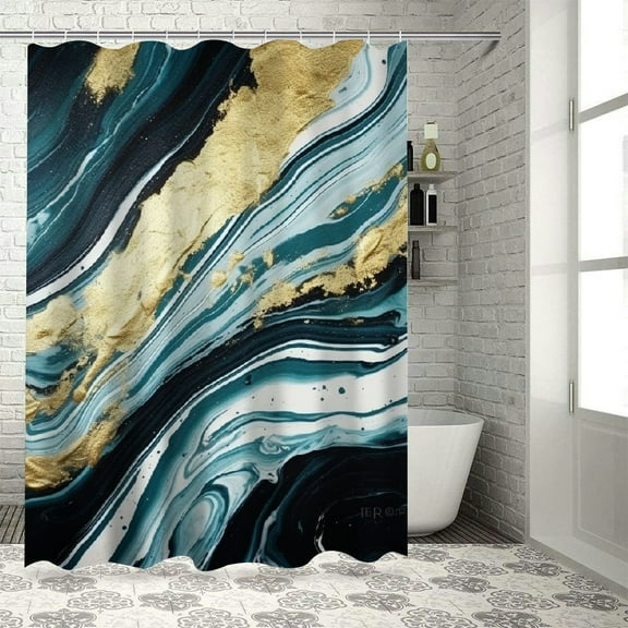 Pratyus Marbled Surface Black and White Stripe Gold and White Stripe Shower Curtain Waterproof Bath Curtain Set with Hooks 36"x72