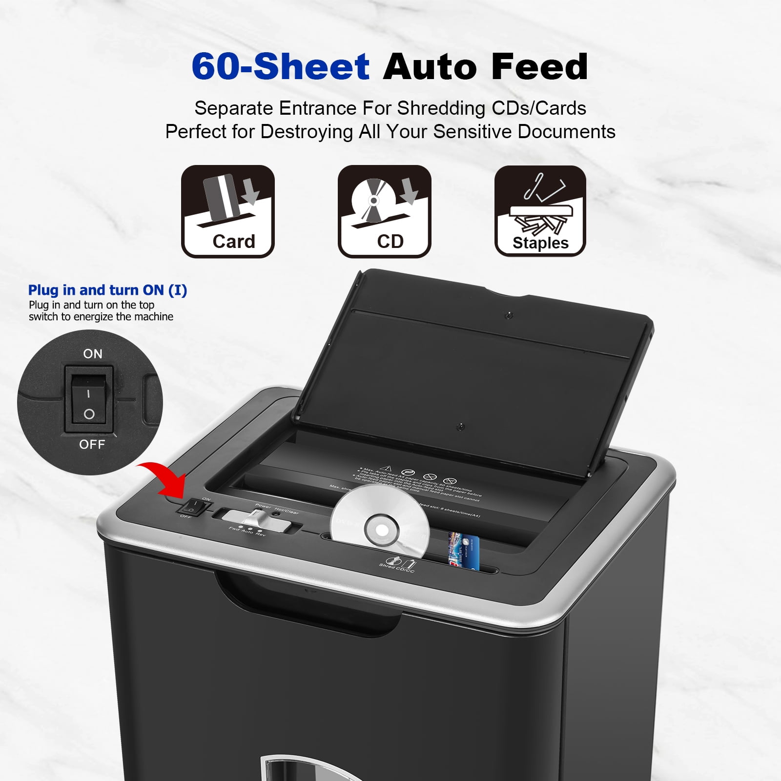 Paper Shredder,  Automatically shreds 60 sheets, 5.8 Gallon Bin, CD/Credit Card Shredder with Dual Modes, Home & Office Use