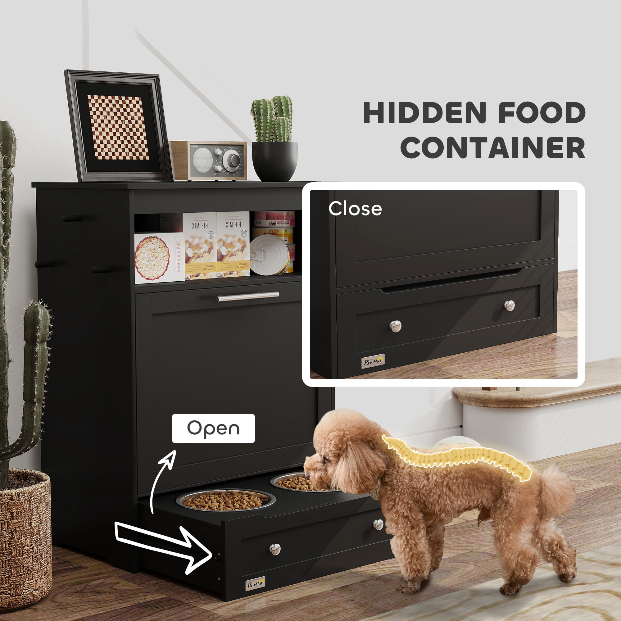 PawHut Pet Feeder Station Storage Cabinet, Storage Container, Black