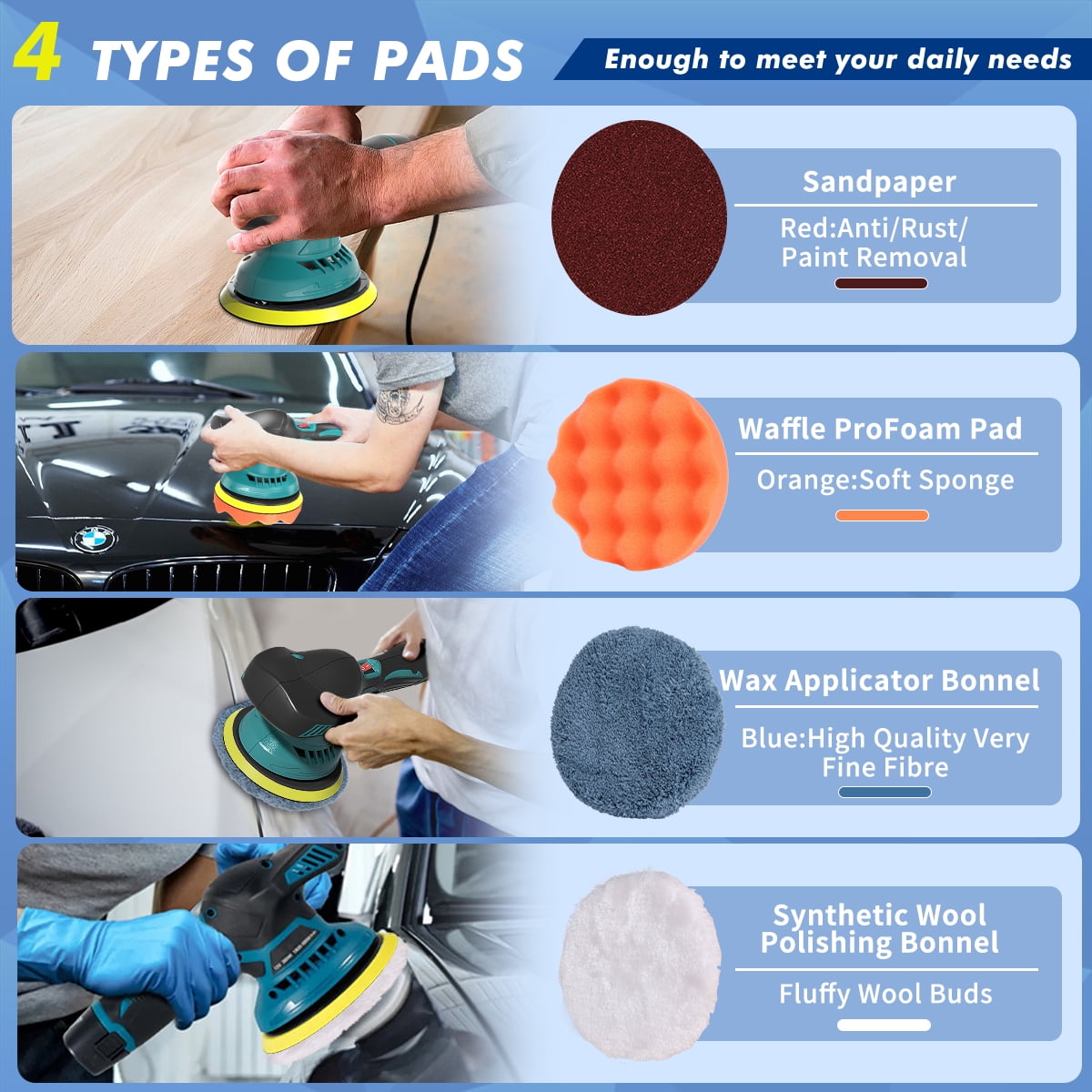 6 Inch Cordless Car Buffers Polishers Kit with 2pcs 2000mAh Lithium Rechargeable Battery, Portable Rotary Car Polisher Set with 6 Variable Speed 2500-5000 RPM for Car, Boat Sanding, Polishing, Waxing