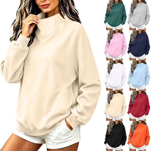 Tqcoqu Women's Solid Mock Neck Sweatshirt,Drop Shoulder Long Sleeve Curved Split Hem Loose Casual Pullover Top