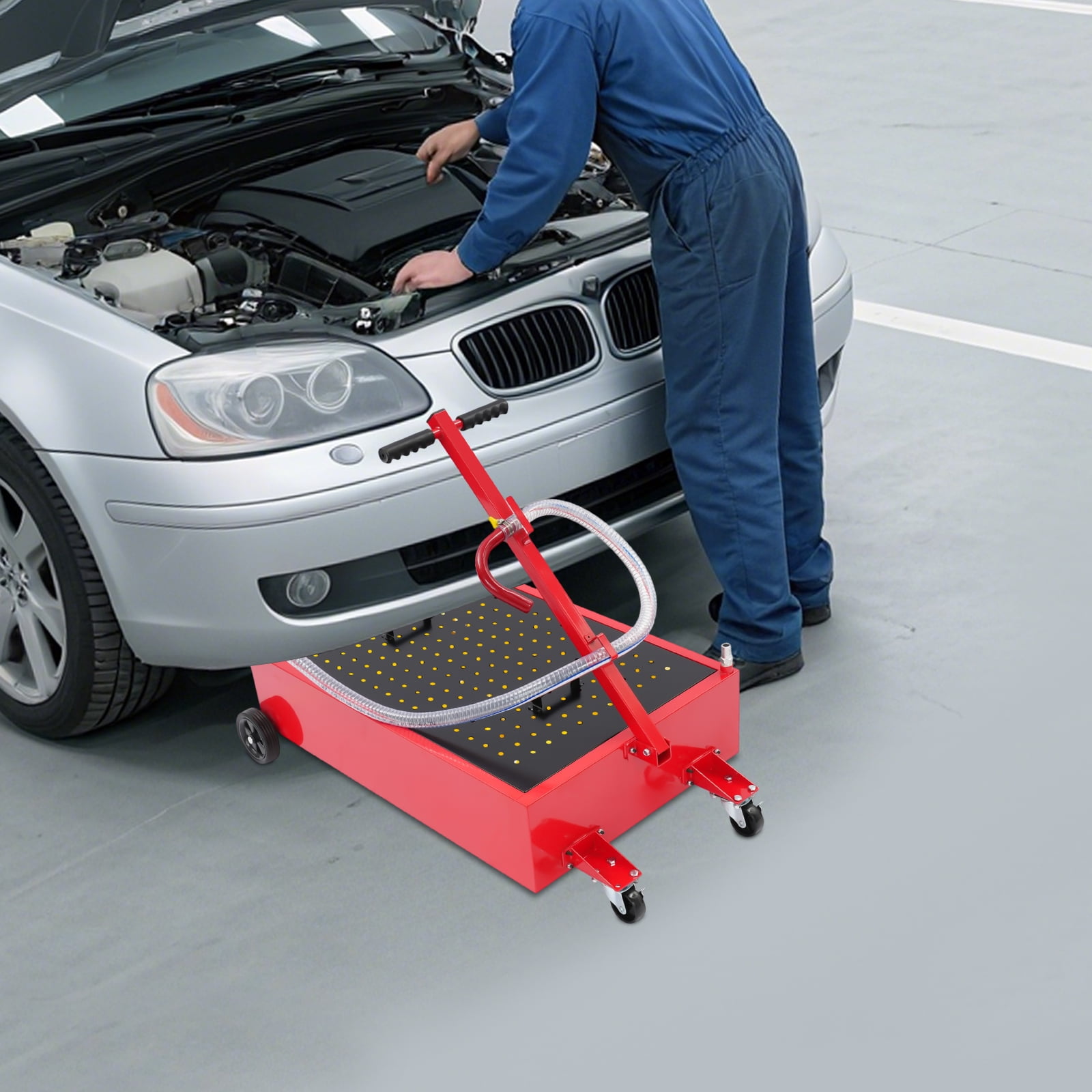 20 Gallon Oil Drain Pan,Large Capacity Oil Change Pan,75.7L Low Profile Oil Drain Pan,Oil Change Pan with T Foldable Hand and Wheels,7.2FT Hose Oil Drain Cart for Car,SUV,Trucks