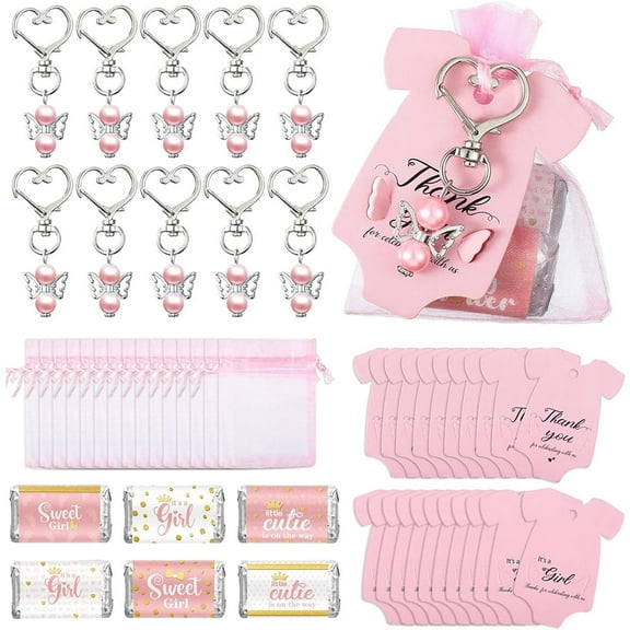 25pcs Baby Shower Party Favors Include Baby Shower Angel Keychains Baby Girl Label Sticker Elephant Thank You Card Organza Bag for Girl Baby Shower Birthday Party Return Gift (Pink)